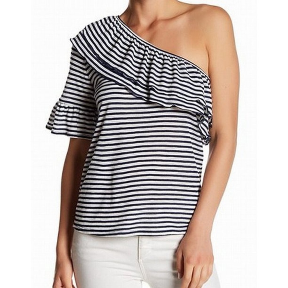 Ro & De Striped One-Shoulder Ruffle Tee